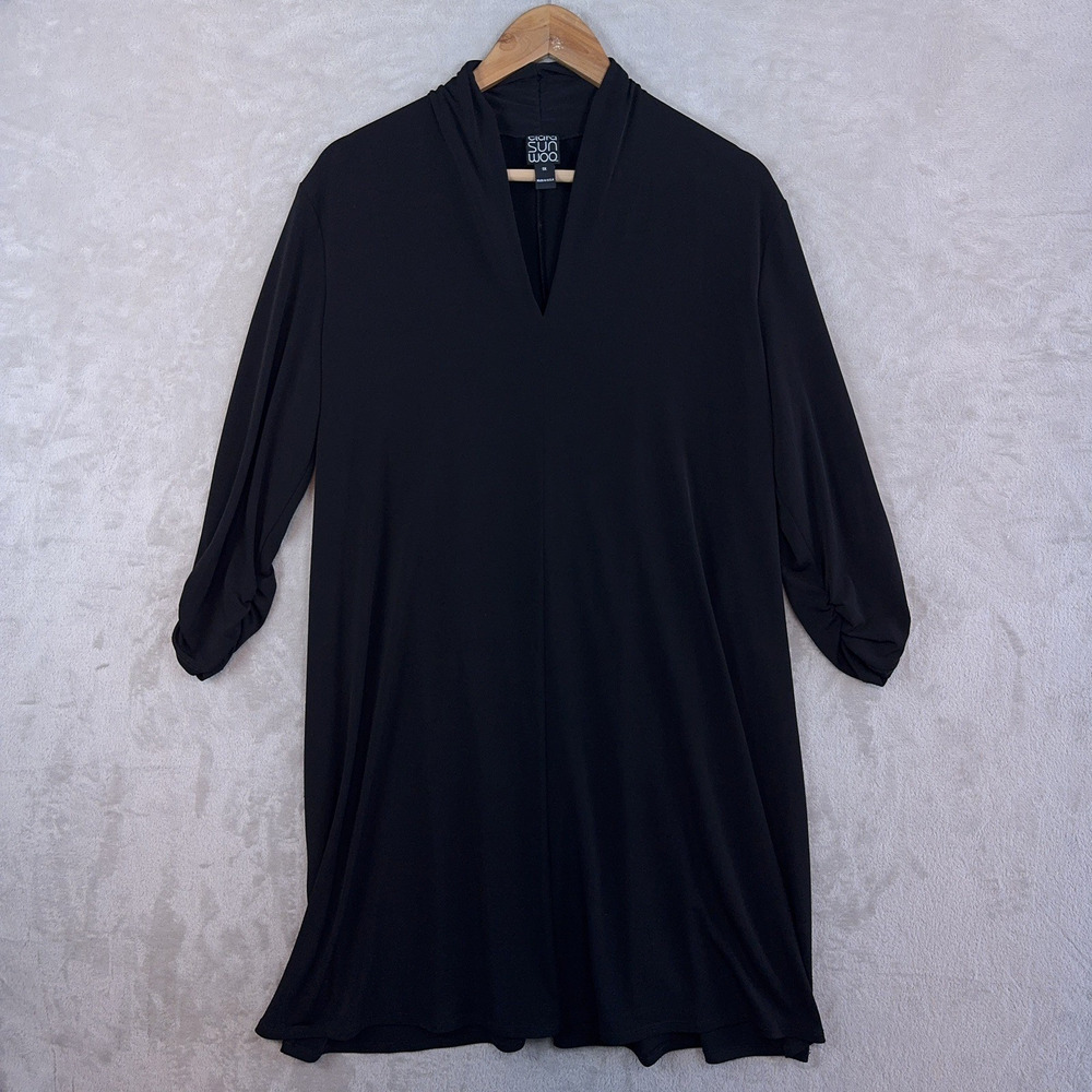 Clara Sunwoo Black Dress Size 1X Ruched 3/4 Sleeve V-Neck A-Line Liquid Drape